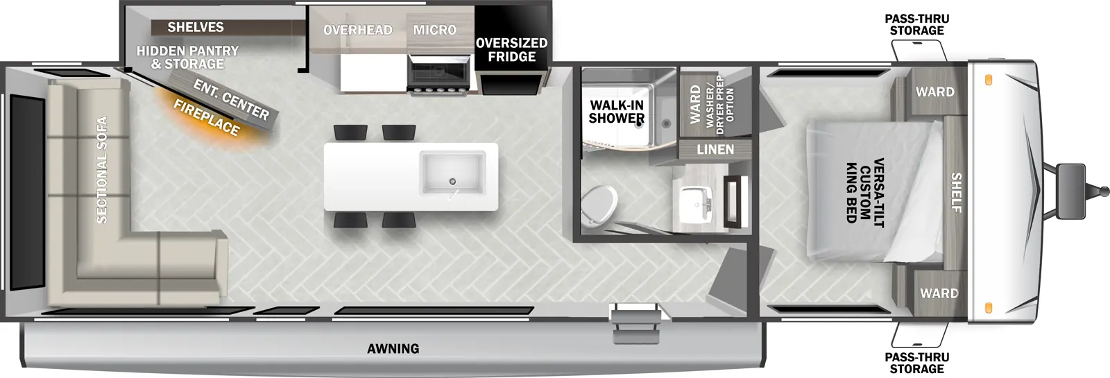 The Wildwood T28VIEW floorplan has one slideout and one entry. Exterior features awning, and front pass-thru storage. Interior layout front to back: foot facing versa-tilt custom king bed with overhead shelf, wardrobes on each side, and off-door side wardrobe with optional washer/dryer prep; off-door side full bathroom with walk-in shower and linen closet; entry door outside of bathroom; off-door side slideout with oversized refrigerator, overhead cabinets, microwave, and entertainment center with fireplace, and hidden storage shelves behind; kitchen island with sink and seating; sectional sofa wraps around the rear to the door side.